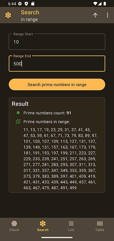 Mobile App Prime Numbers: search prime numbers in range