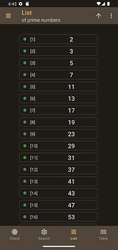 Mobile App Prime Numbers: list of prime numbers
